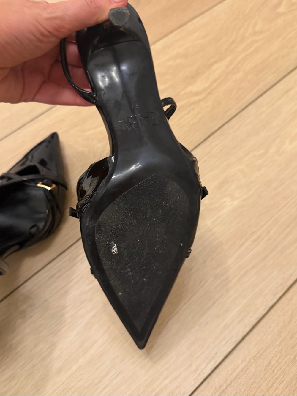 Zara Black Patent Pointed Slingback Heels with Gold Buckles - Picture 3 of 4